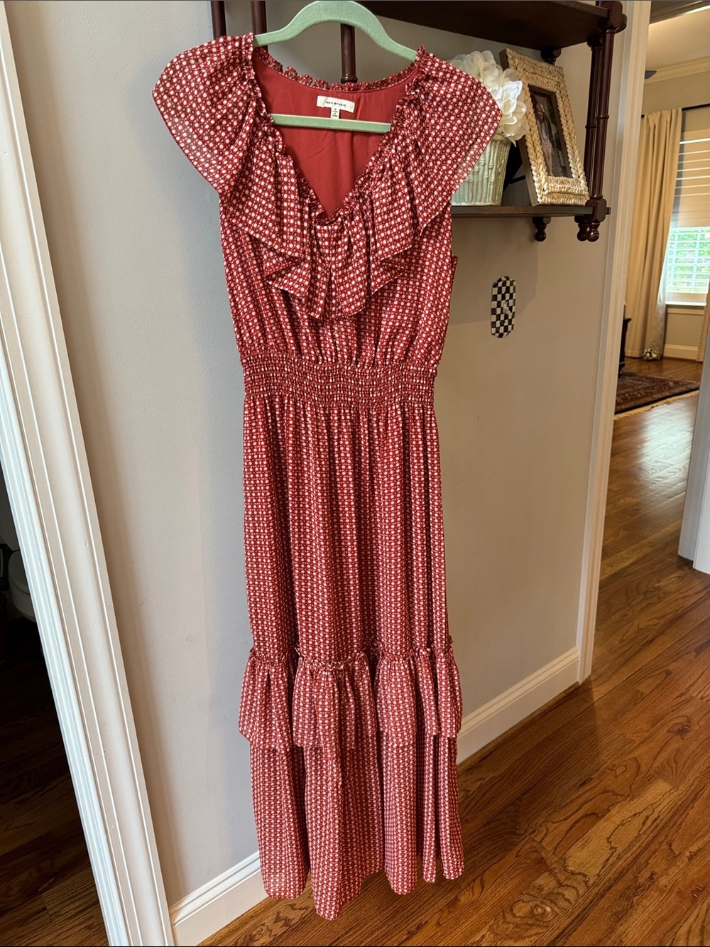Max Studio Red Ruffled Maxi Dress with Tiny White Dot Print